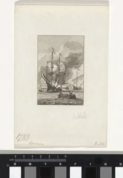 Het schip van Pieter Vlak in gevecht met twee Algierse kapers, 1723