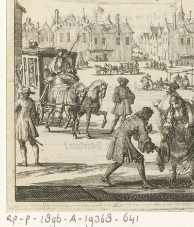 Het stadsleven dat de schrijver Willem Sluiter verlaten had: groot plein met koets en verschillende mensen