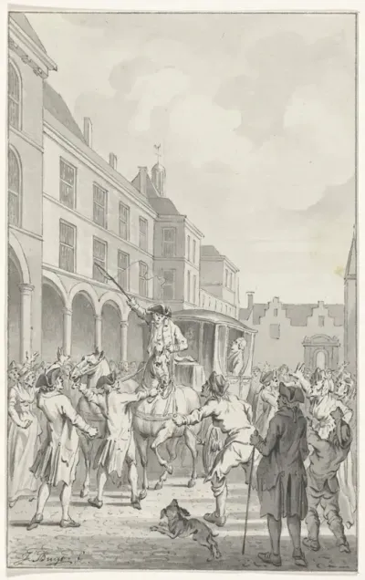 Het tegenhouden van de koets van de heren Gevaarts en De Gijzelaar, gedeputeerden van Dordrecht, op het Binnenhof te Den Haag, 17 maart 1786
