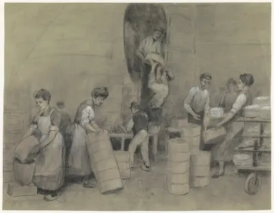 Het uithalen van het aardewerk uit de oven van De Sphinx te Maastricht