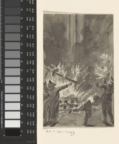 Het verbranden van de vrijheidsboom te Breda na het vertrek van de Fransen, april 1793