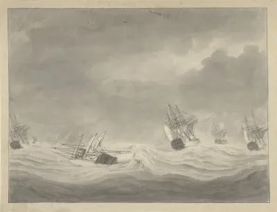 Het vergaan van het schip De Unie onder kapitein Graaf van Welderen op de Noordzee, 19 oktober 1782