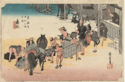 Het verwisselen van kruiers en paarden te Fujieda
