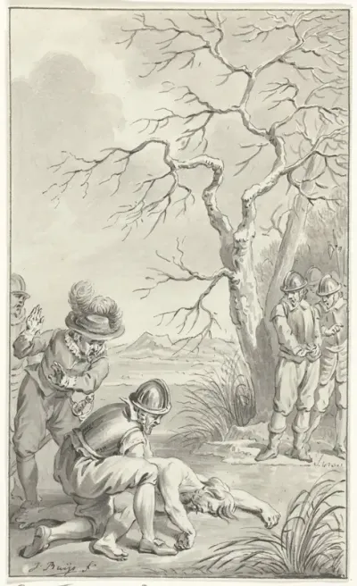 Het vinden van het lijk van Karel de Stoute in een moeras, vastgevroren aan het ijs, 5 januari 1477