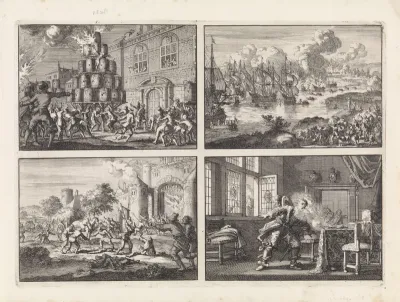 Het volk van Brussel belet de ontsteking van een vreugdevuur opgericht ter ere van de overwinning op de Engelsen in de Vierdaagse Zeeslag, 1666 / Tocht naar Chatham, 1667 / Oproer te Brussel, waar boeren na mishandeling door Spaanse soldaten de wacht