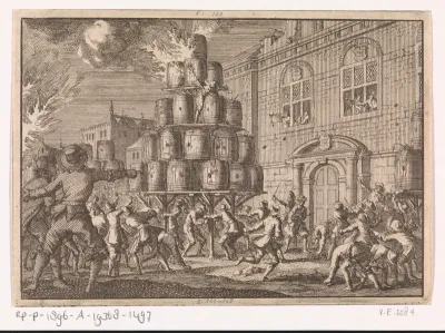 Het volk van Brussel belet de ontsteking van een vreugdevuur opgericht ter ere van de overwinning op de Engelsen in de Vierdaagse Zeeslag, 1666