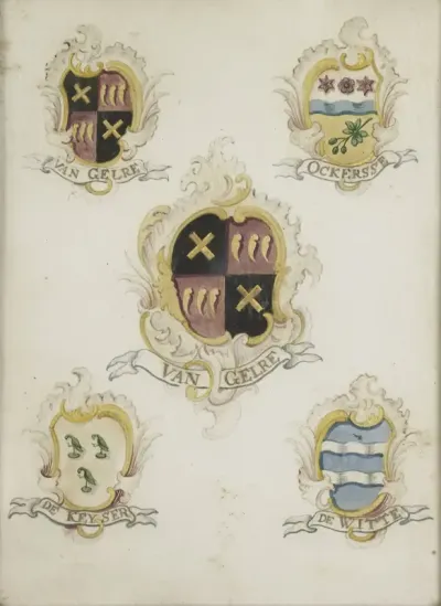Het wapen van Anna Digna van Gelre, echtgenote van Laurens Jacobsz de Witte, met de wapens van haar vier grootouders