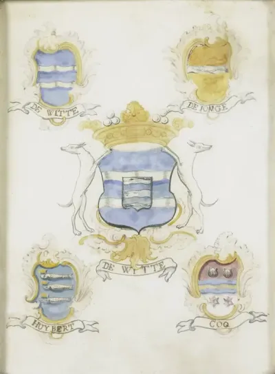 Het wapen van Jacob de Witte, vader van Laurens Jacobsz de Witte, met de wapens van zijn vier grootouders