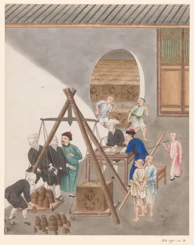 Het wegen van een kist met thee van het VOC