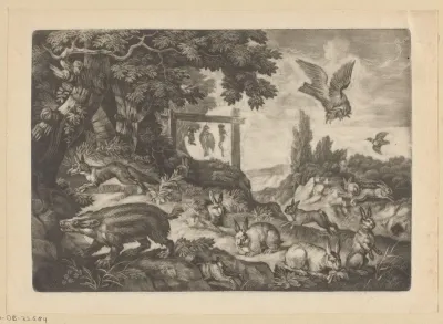 Heuvel met konijnen, vogels, vos, das en drie opgehangen dieren