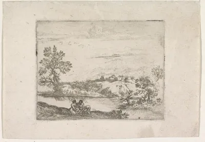 Heuvelachtig landschap met een rivier en een zittend paar op de voorgrond