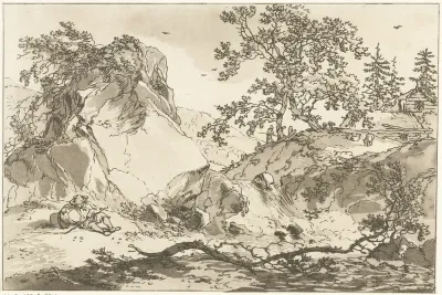 Heuvelachtig landschap met een rustende man