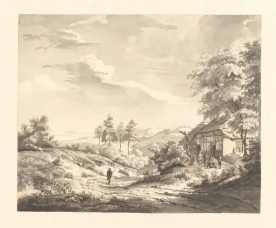 Heuvelachtig landschap met figuren bij een herberg
