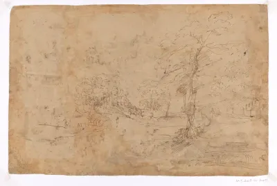 Heuvelachtig landschap met figuren en gebouwen