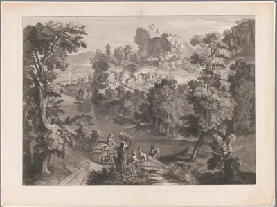 Heuvelachtig landschap met herders bij een rivier
