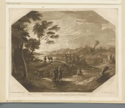 Heuvelachtig landschap met herders en vee bij zonsopkomst