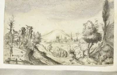 Heuvelachtig landschap met jager en ruïne
