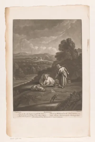 Heuvelachtig landschap met melkmeisje en vee