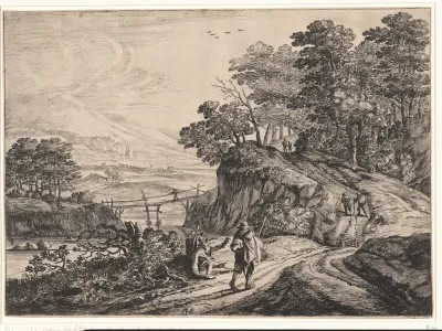 Heuvelachtig landschap met reizigers