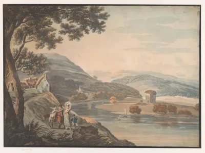Heuvelachtig landschap met rivier en gezin met paard op een pad