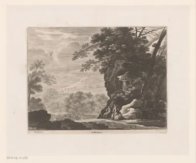 Heuvelachtig landschap met rustende reizigers
