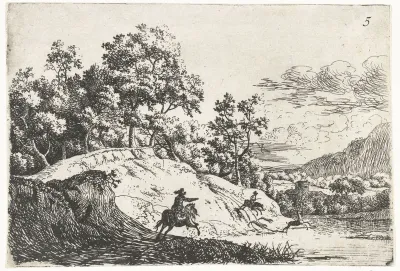 Heuvelachtig landschap met twee jagers