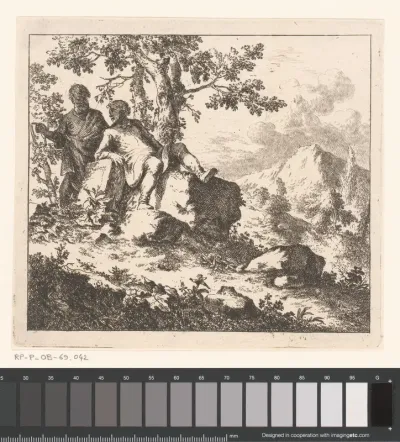 Heuvelachtig landschap met twee mannen bij een steen