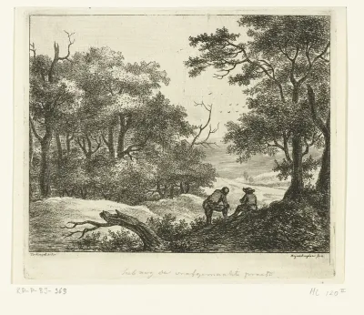 Heuvelachtig landschap met twee rustende mannen