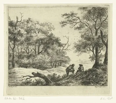 Heuvelachtig landschap met twee rustende wandelaars