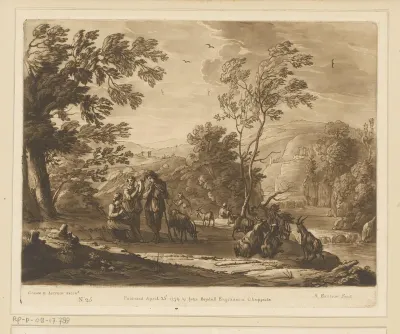 Heuvelachtig landschap met vee en drie musicerende herders