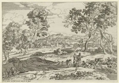 Heuvelachtig landschap met vier figuren