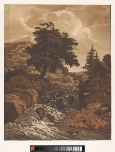 Heuvelachtig landschap met waterval en houten brug