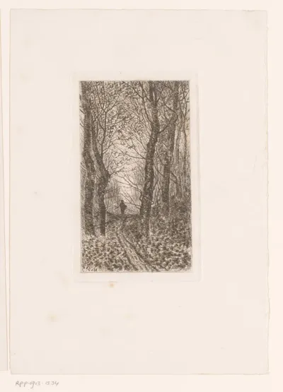 Heuvelachtige bosweg met figuur