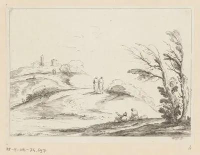 Heuvelachtige landschap met verschillende figuren