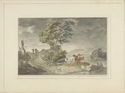 Heuvelig landschap met veeherder en wandelaars bij dreigende hemel