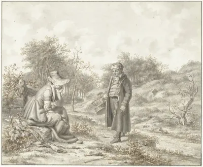 Heuvelig landschap met zittende vrouw en staande man met korf