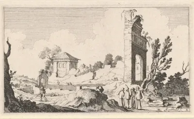 Heuvelland met een vervallen muur en een poort