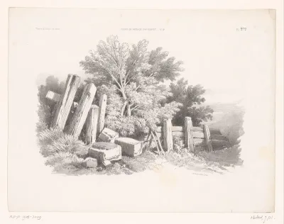 Heuvellandschap met bomen, hek en losse stenen