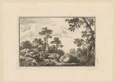 Heuvellandschap met bomen, rotsen en twee rustende figuren