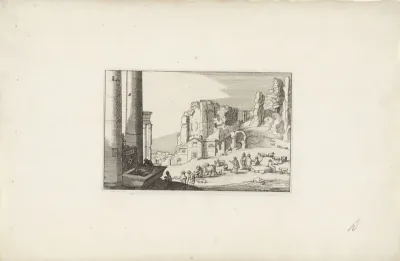 Heuvellandschap met een fontein en herders