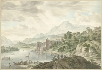 Heuvellandschap met een kasteel aan een rivier