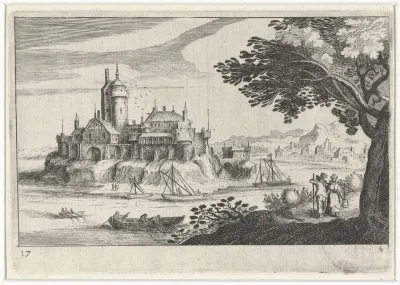 Heuvellandschap met een kasteel op een eiland