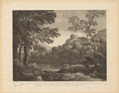 Heuvellandschap met een meer nabij een fort