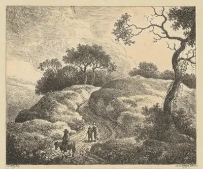 Heuvellandschap met een ruiter en twee wandelaars