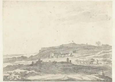 Heuvellandschap met een wagen en een kar