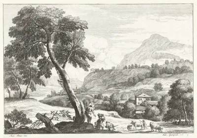 Heuvellandschap met enkele figuren bij boom