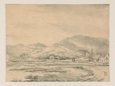 Heuvellandschap met enkele huizen en links een rivier