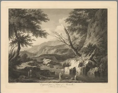 Heuvellandschap met figuren bij een rivier
