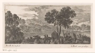 Heuvellandschap met grafmonument aan meer