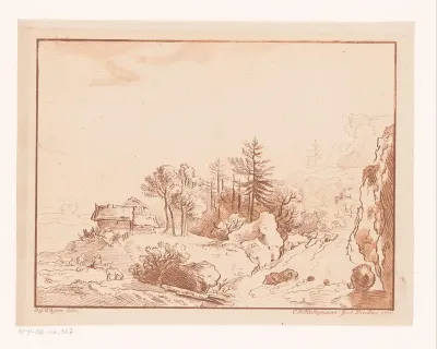 Heuvellandschap met herder bij een hut en waterval